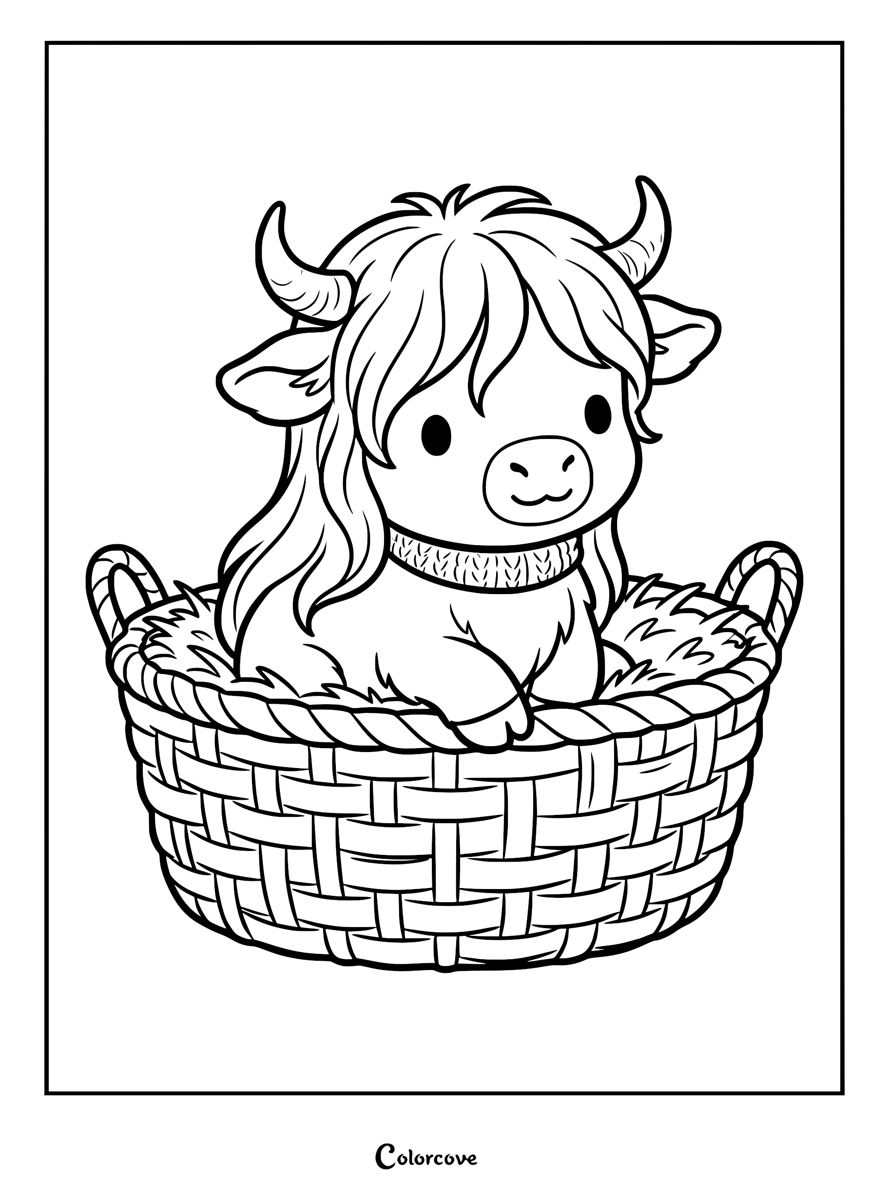 A cute Highland cow with shaggy hair and small horns sitting inside a woven wicker basket, printable coloring page.