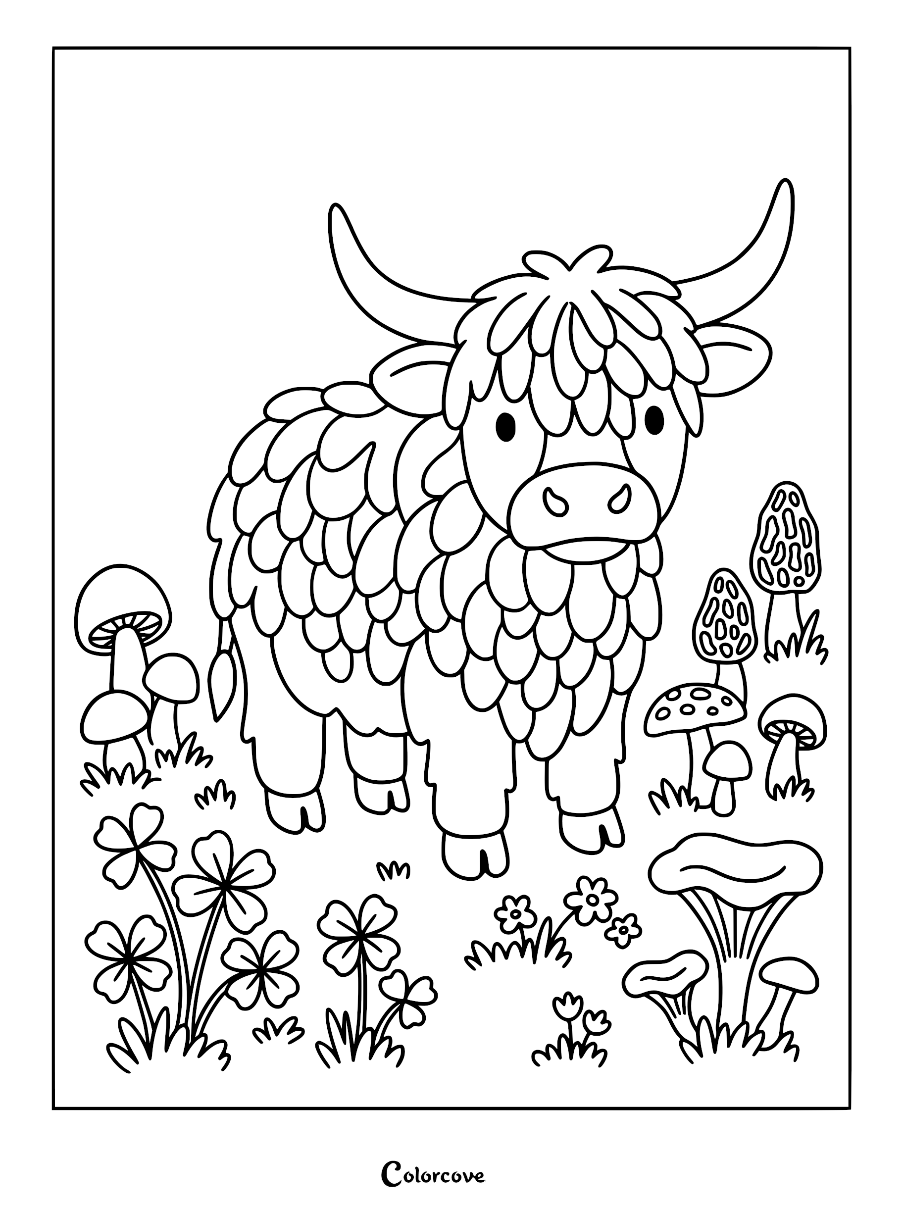 A cute Highland cow standing in a forest with various mushrooms and clover leaves, printable coloring page.