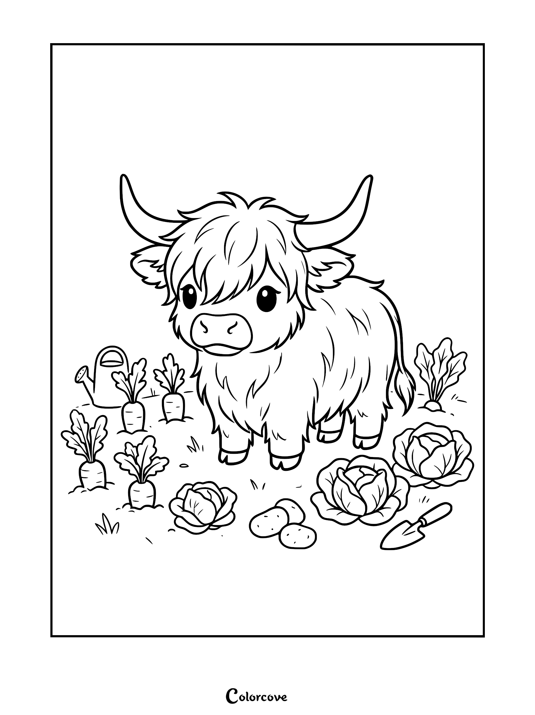 A cute Highland cow standing in a garden with carrots, cabbages, potatoes, a watering can, and a trowel on this printable coloring page.