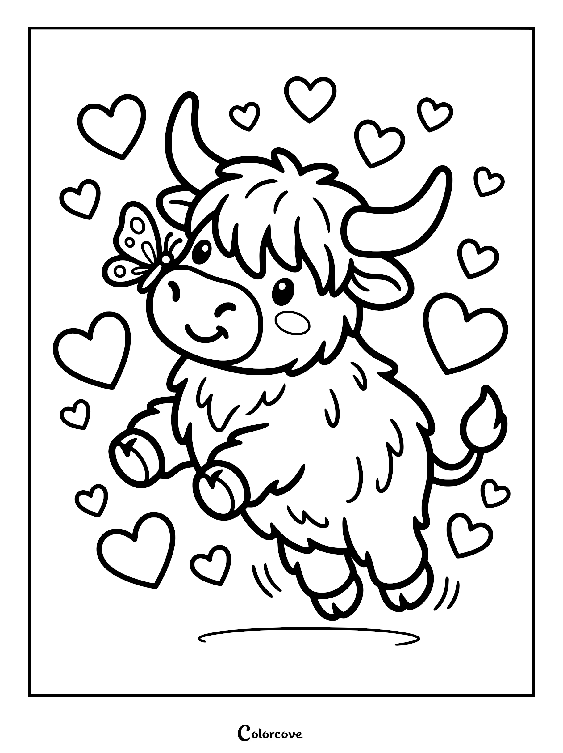 A cute Highland Cow coloring page featuring a fluffy calf with a butterfly on its nose surrounded by floating hearts.