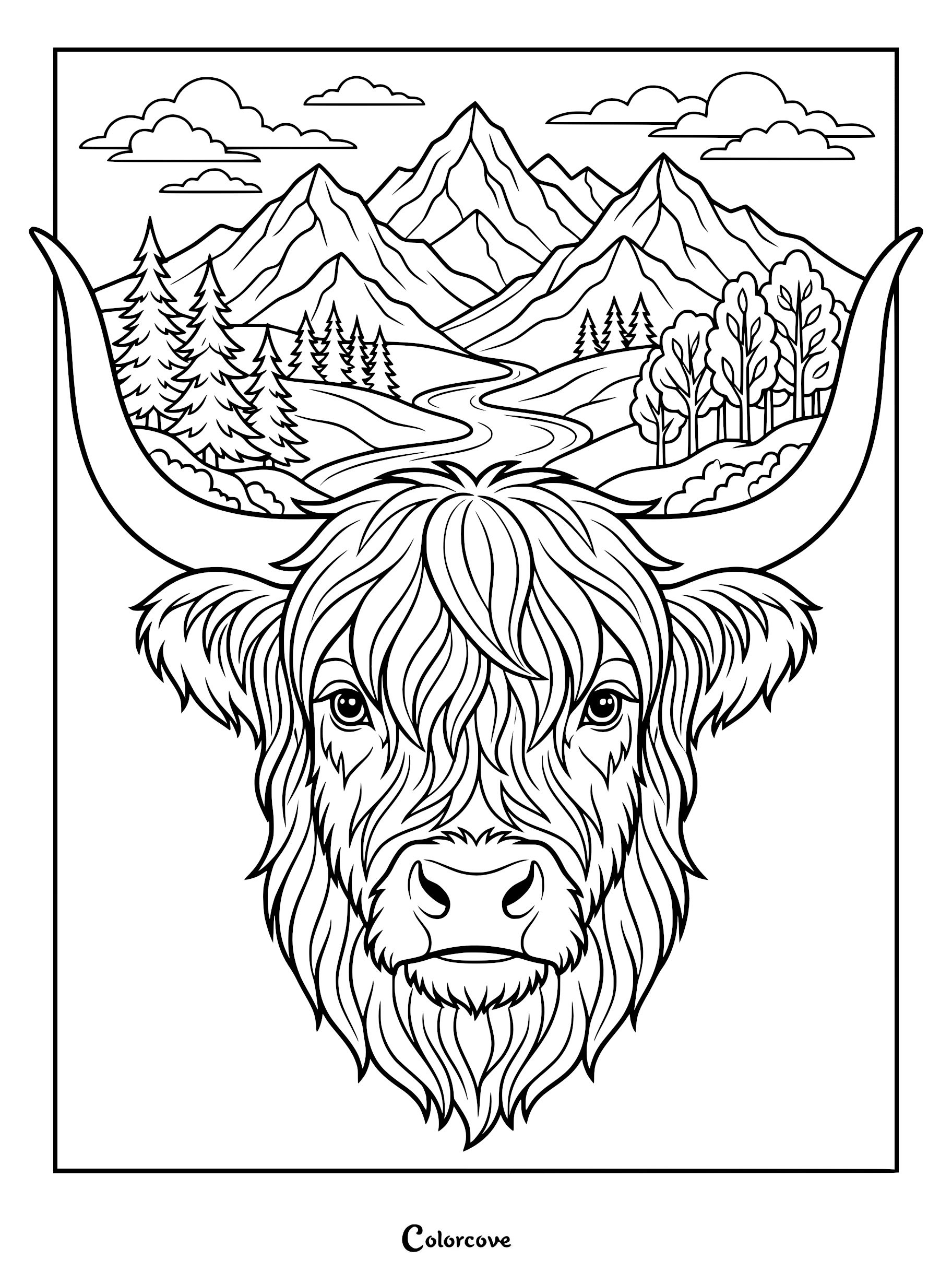 A detailed Highland Cow coloring page featuring a shaggy cow head with long horns framing a scenic mountain range, pine trees, and a winding river.