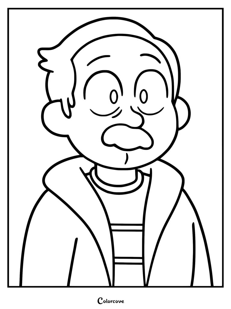 A printable coloring page featuring a close-up portrait of Anders from the Hilda series, showing his signature mustache and casual jacket.