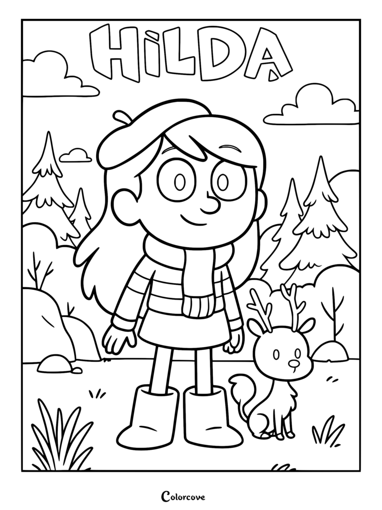 Hilda wearing a beret and scarf standing next to her deerfox Twig in a forest setting, printable coloring page for kids.