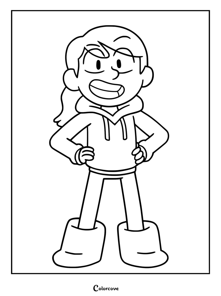 A clean line art coloring page of Hilda standing with her hands on her hips, wearing her signature hoodie and boots.