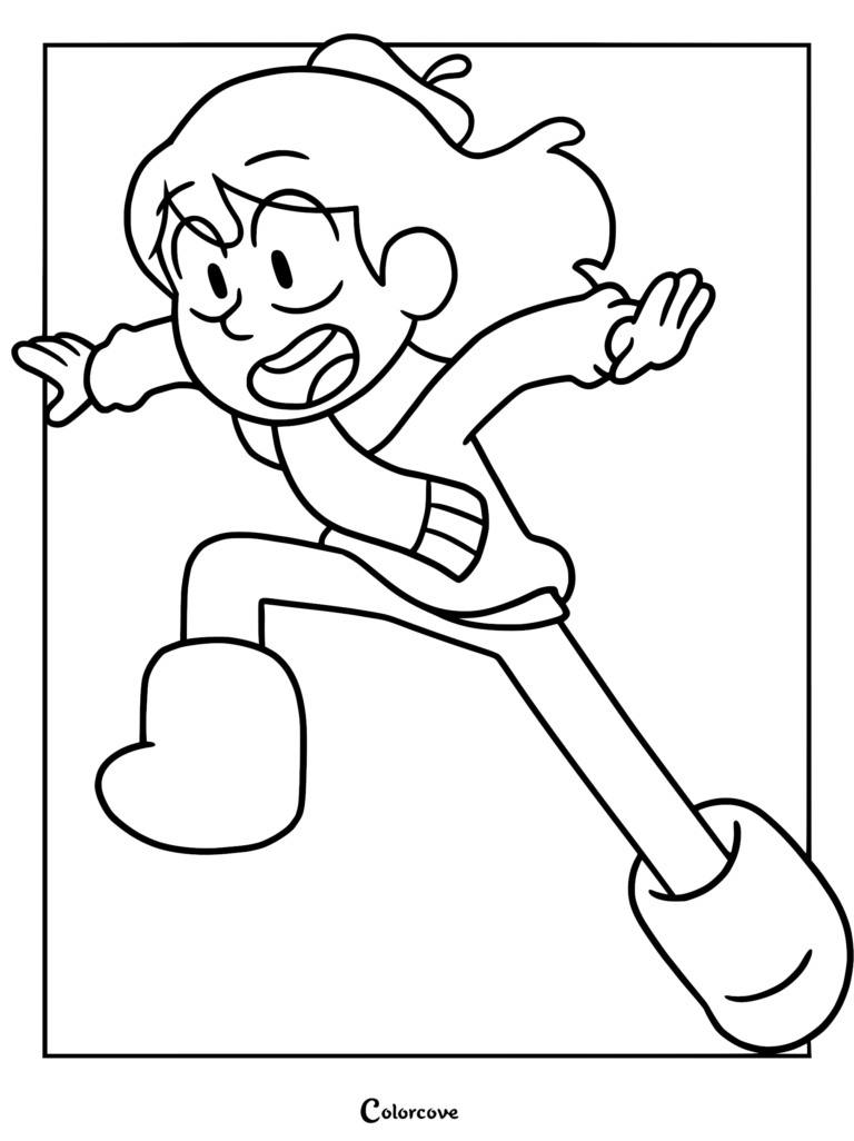 A printable coloring page featuring Hilda from the animated series running with an excited expression, wearing her signature sweater and boots.