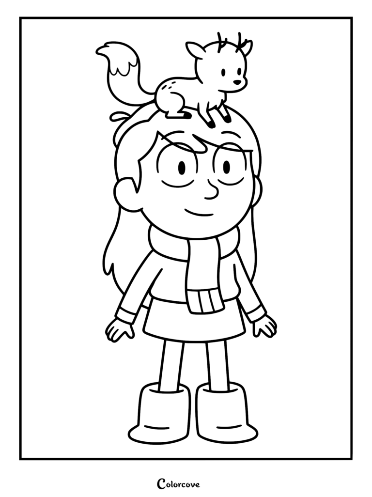 A printable coloring page featuring Hilda with her loyal deerfox companion Twig sitting on top of her head.