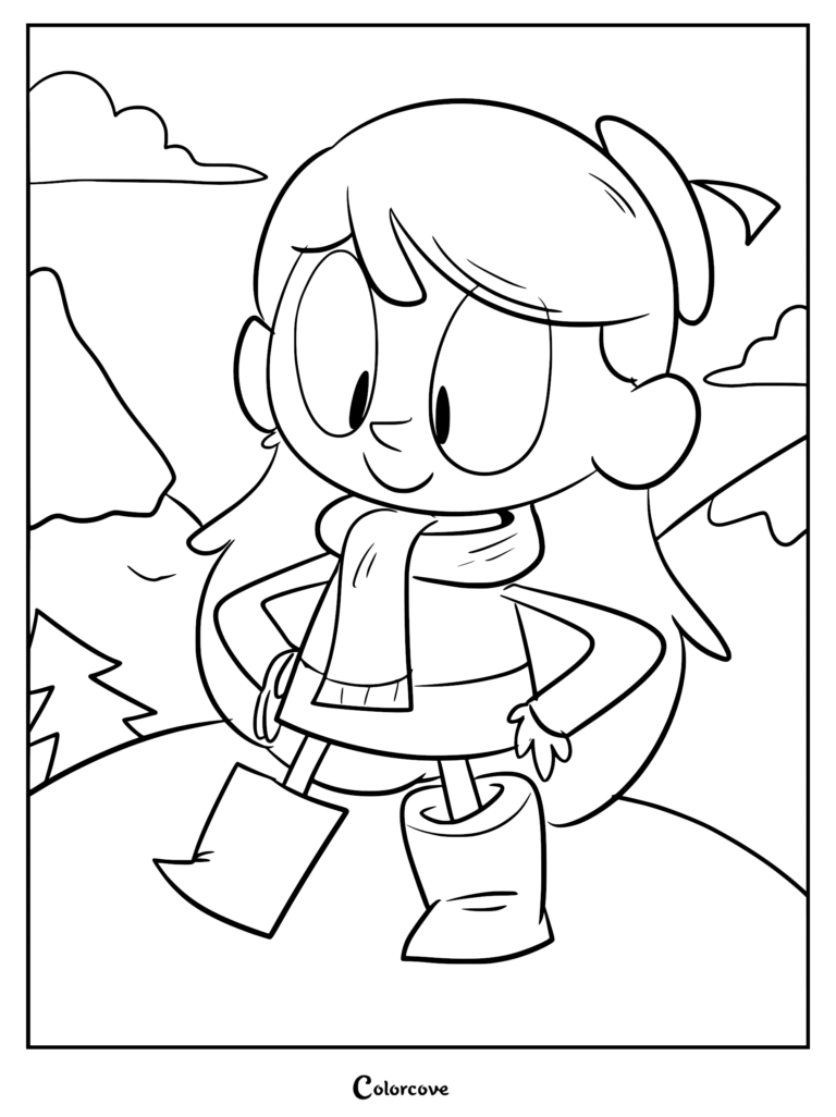 Hilda wearing a scarf and boots in a snowy mountain landscape, printable coloring page for kids.