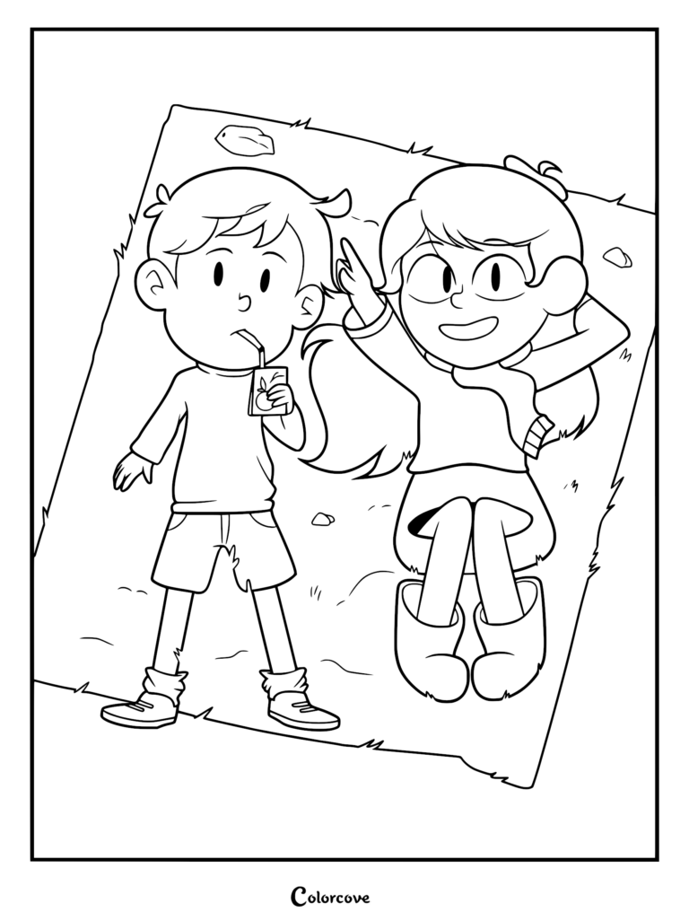 Hilda and David sitting on a blanket outdoors, Hilda pointing at the sky while David drinks from a juice box in this printable coloring page.
