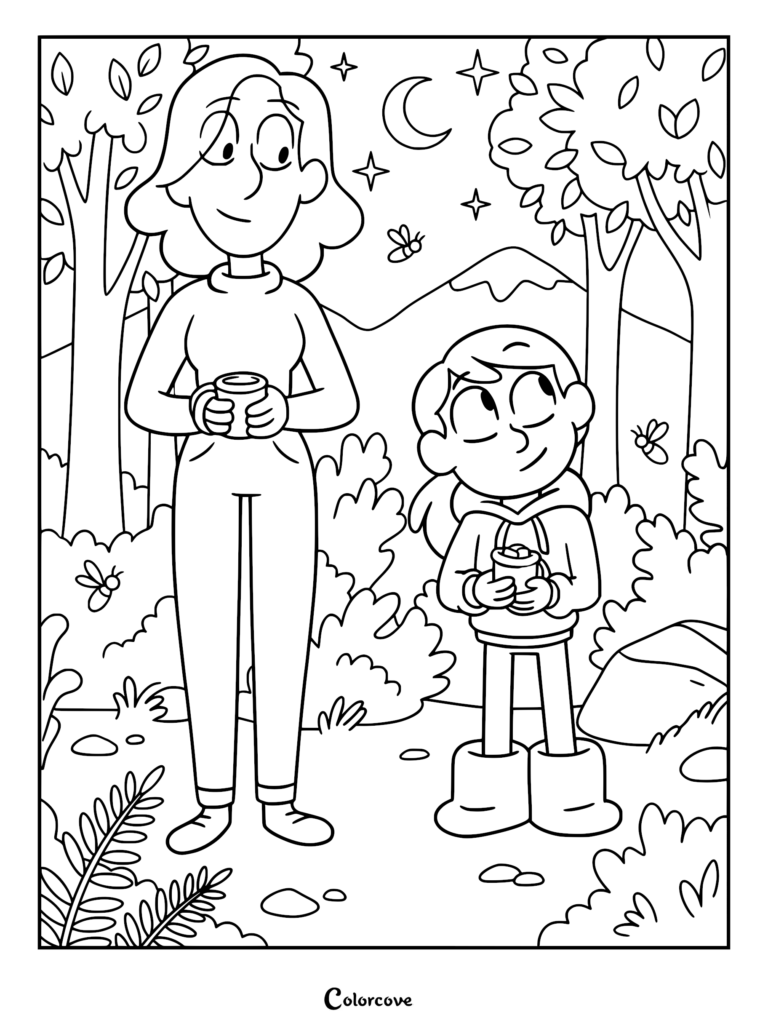 Hilda and her mother Johanna holding mugs in a forest at night, printable coloring page featuring stars, a crescent moon, and mountain silhouettes.