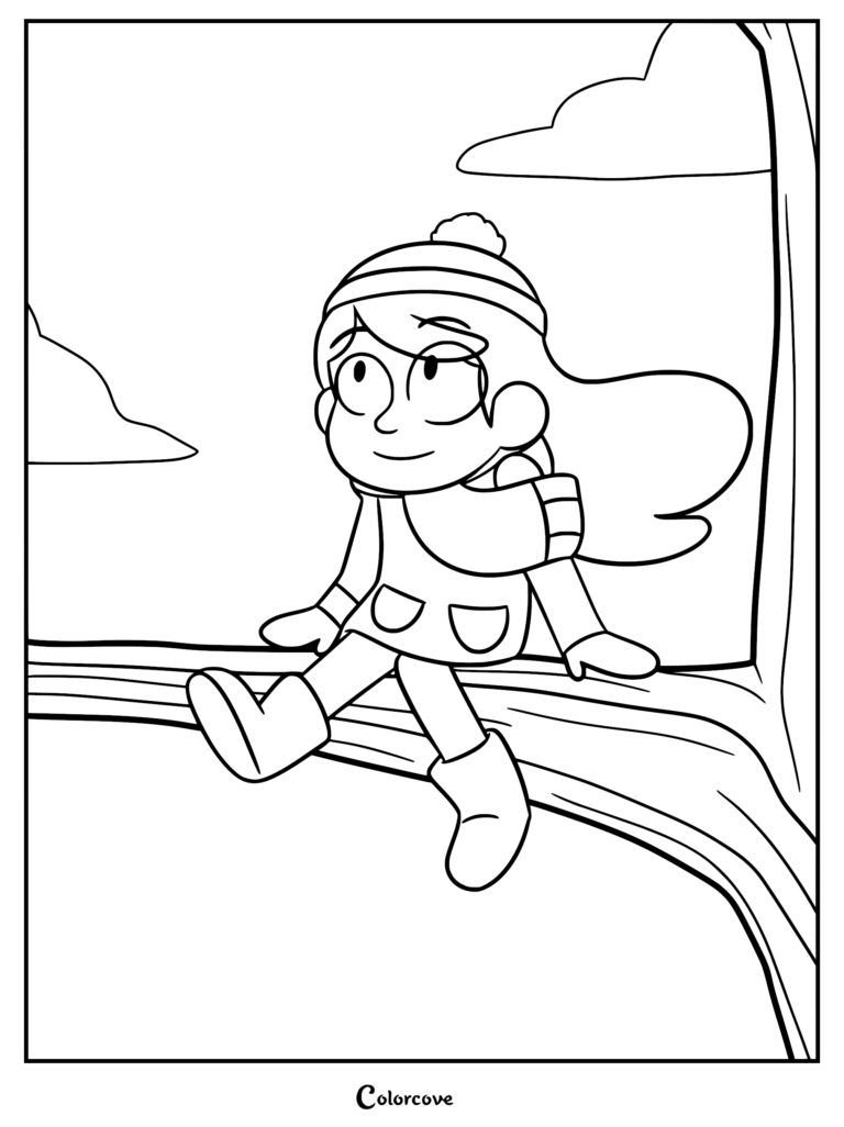 Hilda wearing a winter hat and scarf while sitting on a tree branch, printable coloring page for kids.