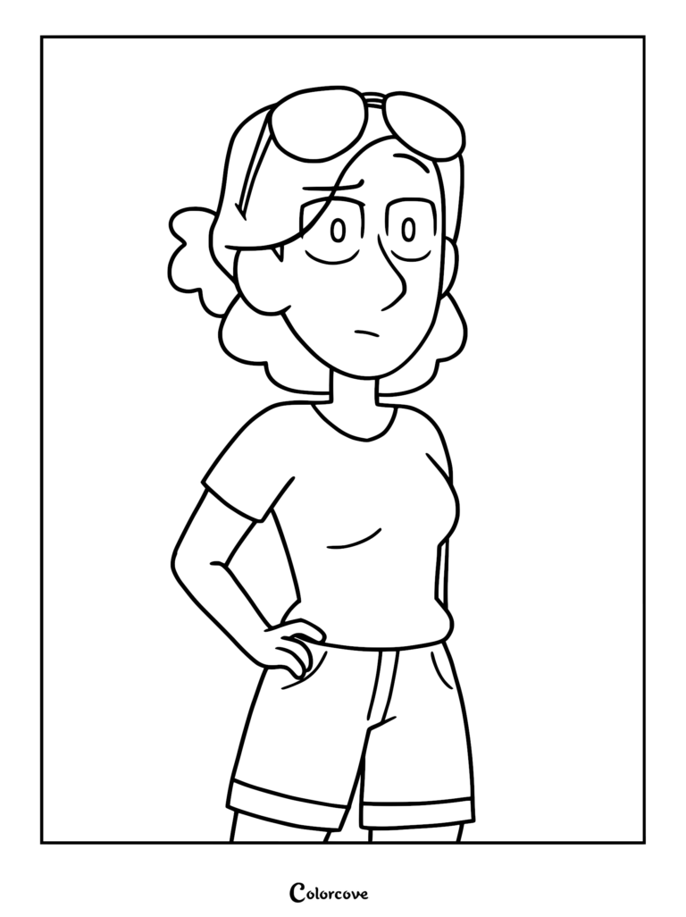 A printable coloring page featuring Johanna from the Hilda series, shown with her signature wavy hair, glasses on her head, and hands on her hips.