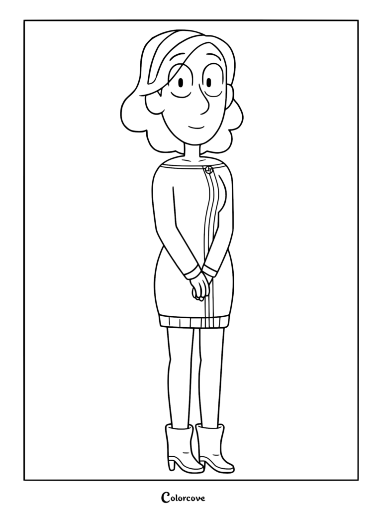 A printable coloring page featuring Johanna, Hilda's mother, standing in a simple pose wearing her signature sweater dress and boots.