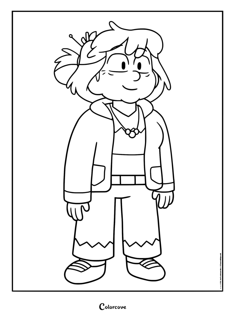 A printable coloring page featuring Auntie Astrid from Hilda, shown standing in her signature casual outfit with a hair accessory.