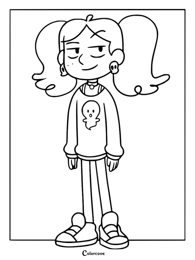Printable coloring page featuring the Marra character from Hilda, showing her with pigtails, a ghost-print sweater, and skull earrings.