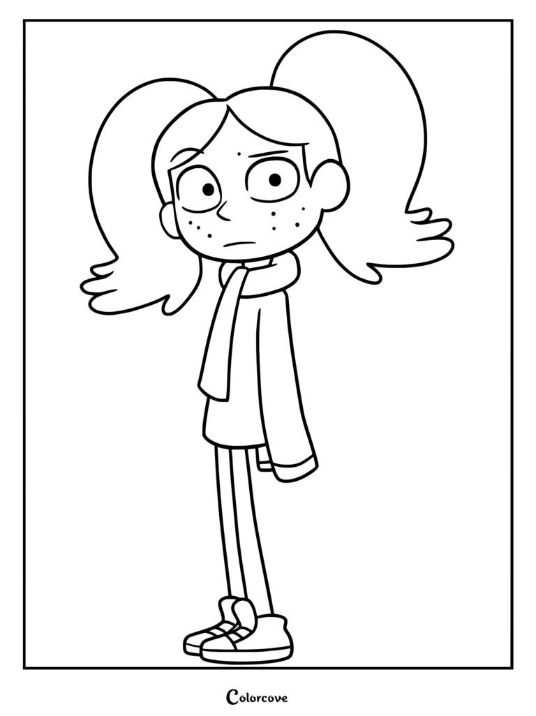 Printable coloring page of Marra from the Hilda series, featuring the character with her signature pigtails, scarf, and sweater.