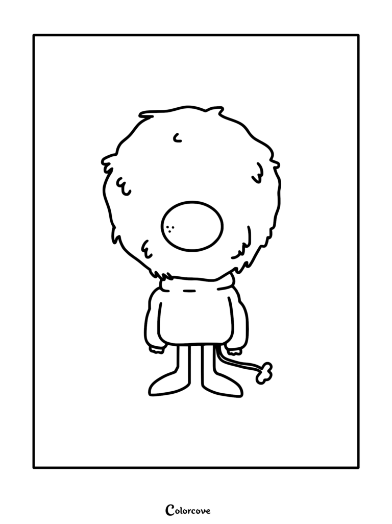 A simple black and white line art coloring page of Tontu from Hilda, featuring his large fluffy hair, round face, sweater, and thin tail.