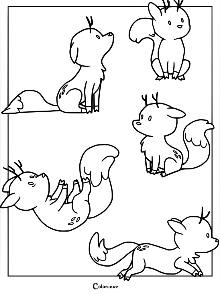 A printable coloring page featuring five different poses of Twig, Hilda's loyal deerfox companion, with his signature antlers and fluffy tail.
