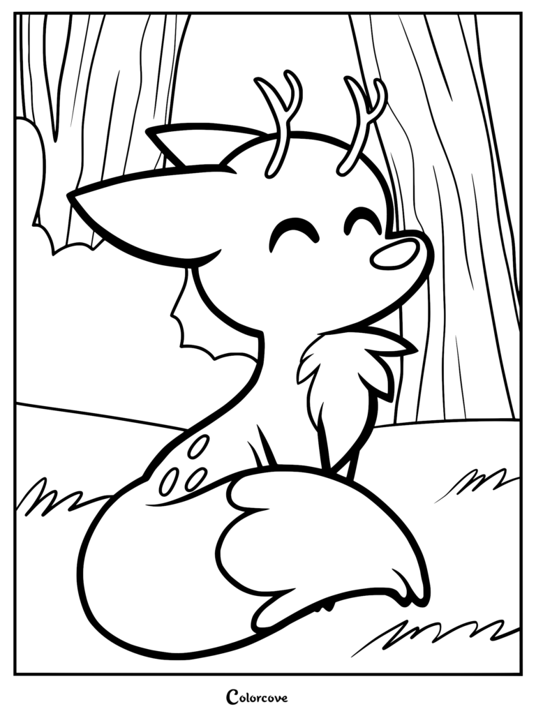 A cute line art coloring page of Twig the deerfox from Hilda, sitting happily in a forest setting with his antlers and bushy tail visible.