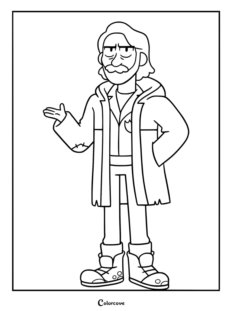 Printable coloring page of the Bell Keeper from Hilda, featuring the mustachioed man in his signature hooded coat and boots.