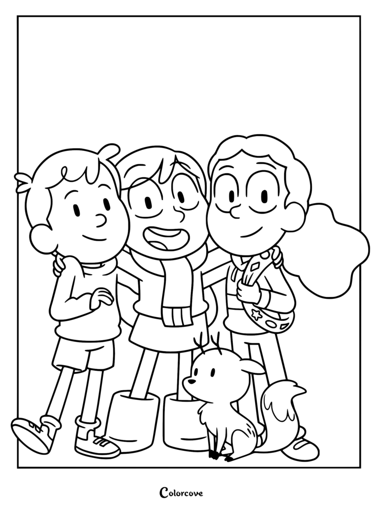 Printable coloring page featuring Hilda, David, and Frida standing together with Twig the deerfox in a friendly group pose.