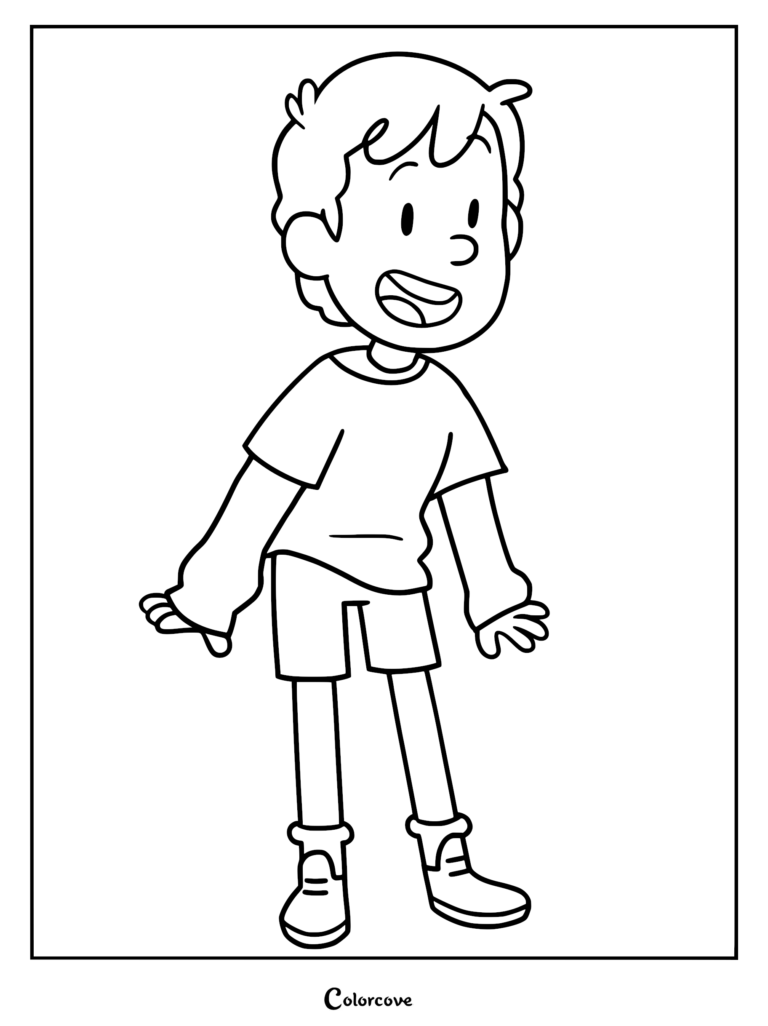 A printable coloring page featuring David from the animated series Hilda, standing with a surprised expression in his signature t-shirt, shorts, and boots.