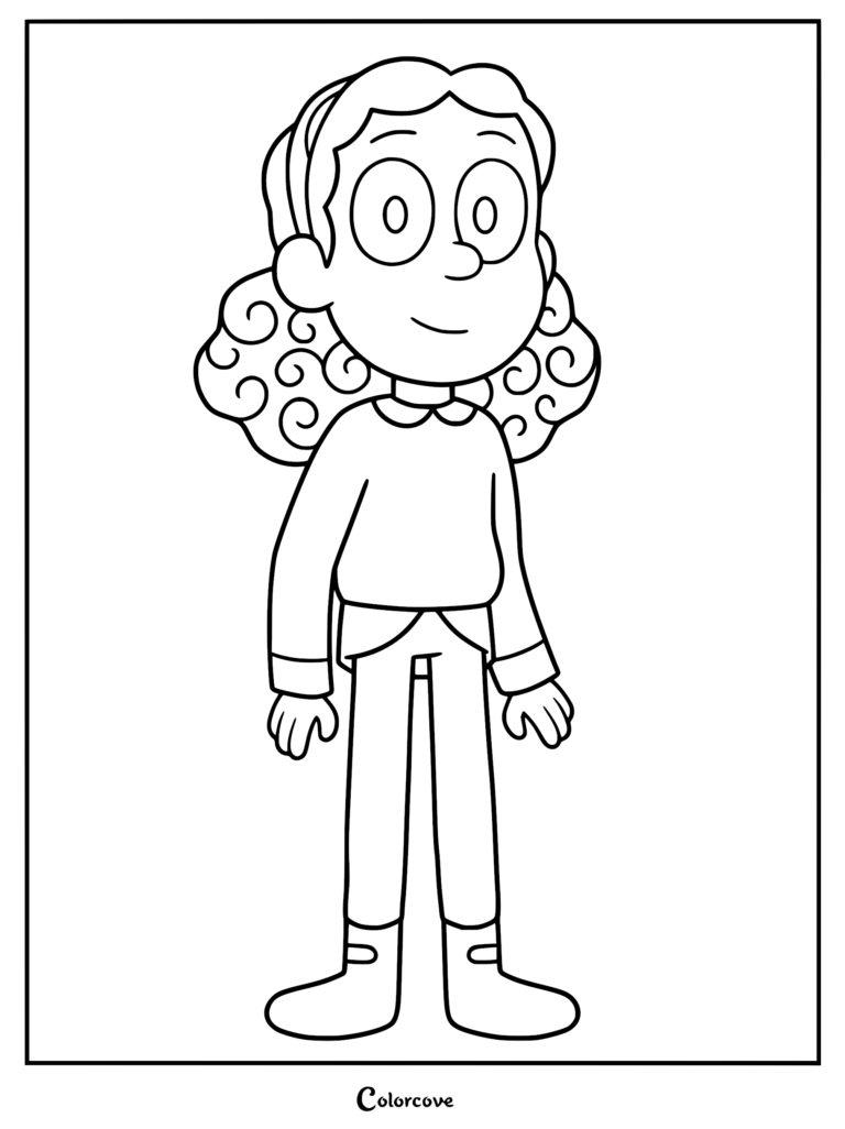 A printable coloring page featuring Frida from the Hilda series, showing her with curly hair, a sweater, and boots in a clean line art style.