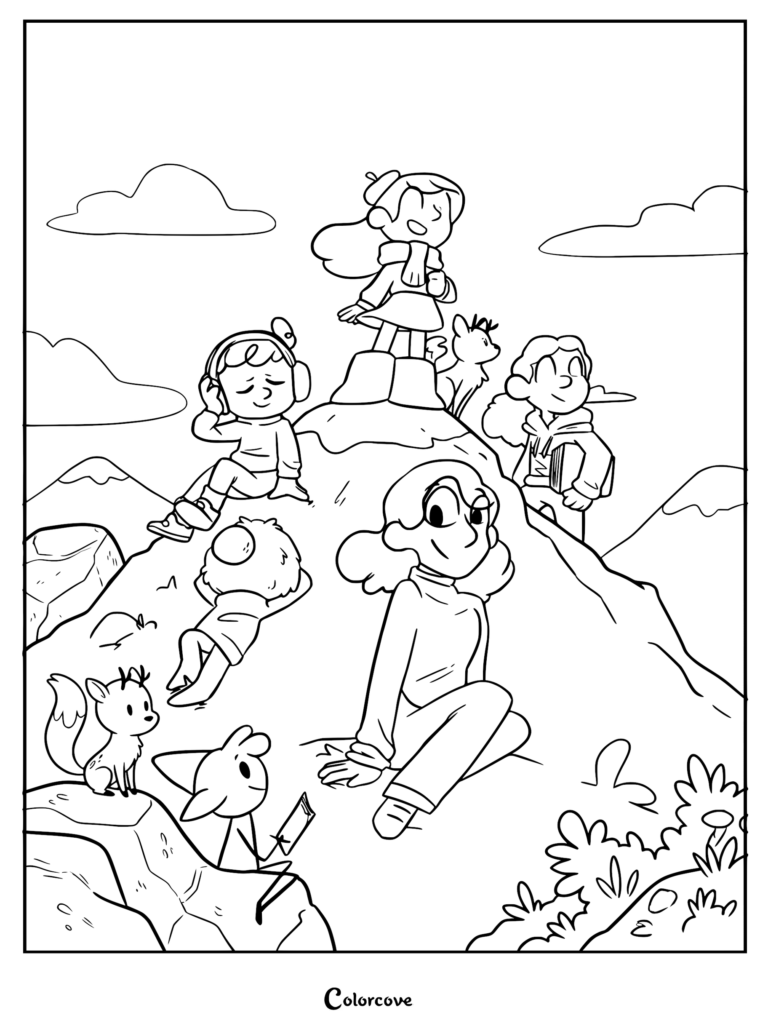 A printable coloring page featuring Hilda standing on a mountain peak with Twig, Johanna, Frida, David, and Alfur Aldric in a scenic outdoor landscape.