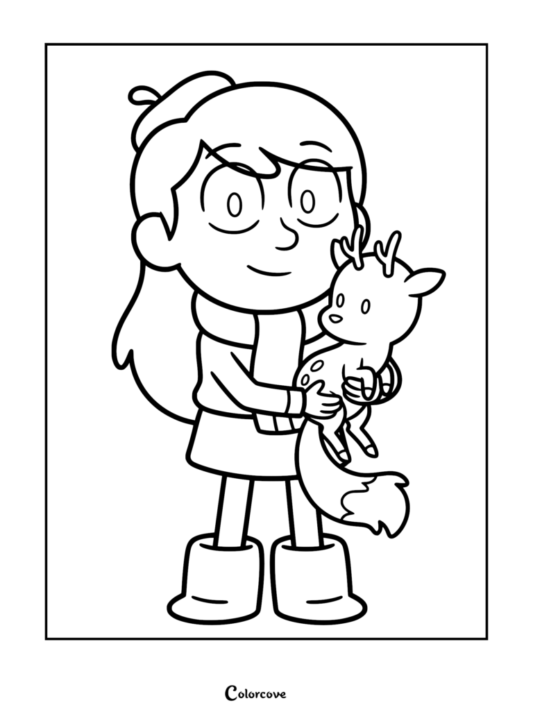 A printable coloring page featuring Hilda wearing her signature beret and scarf, gently holding her loyal deerfox companion Twig in her arms.