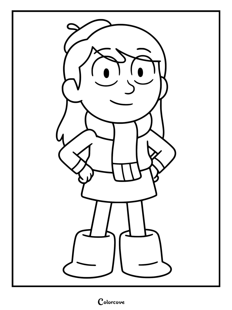 A printable coloring page featuring Hilda from the animated series, wearing her signature beret, a cozy winter scarf, jacket, and boots with her hands on her hips.