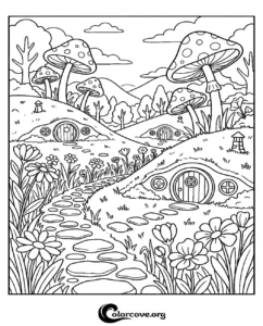 A whimsical landscape coloring page featuring fairy mushroom houses, stone paths, and flowers in a magical meadow for children and adults to color.