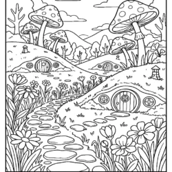 A printable coloring page featuring a whimsical fairy tale village with hobbit-style mushroom houses, stepping stone paths, and blooming flowers in a garden landscape.