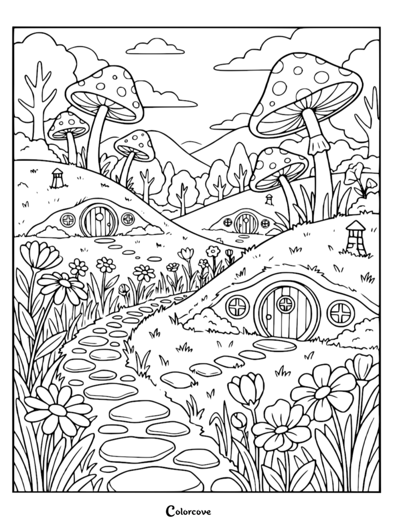 A scenic hillside coloring page featuring hobbit-style earth homes, giant spotted mushrooms, and a winding stone path through a flower-filled meadow.