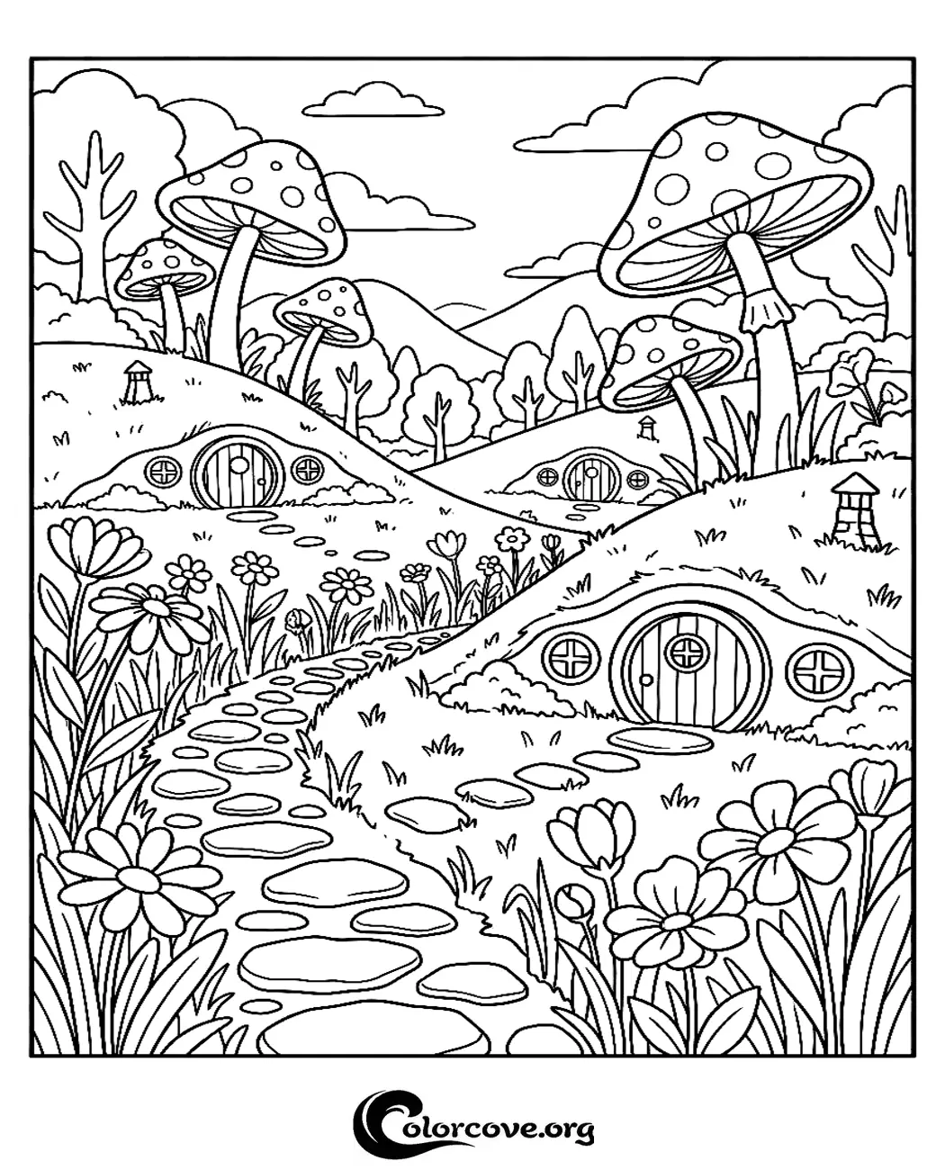 Escape to a magical world with this enchanting fairy mushroom house coloring page. Perfect for creative kids and adults, this printable scene features hidden hobbit-style homes and beautiful flowers to bring to life with your favorite colors.