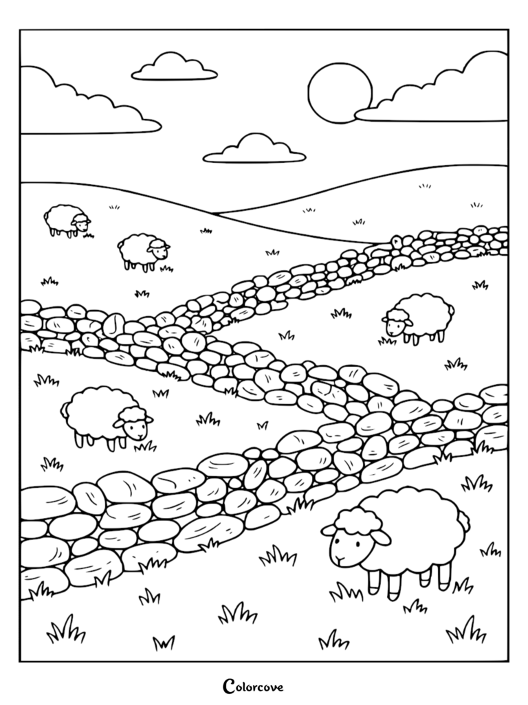 A scenic hillside coloring page featuring five fluffy sheep grazing in a field divided by winding stone walls under a sunny sky.