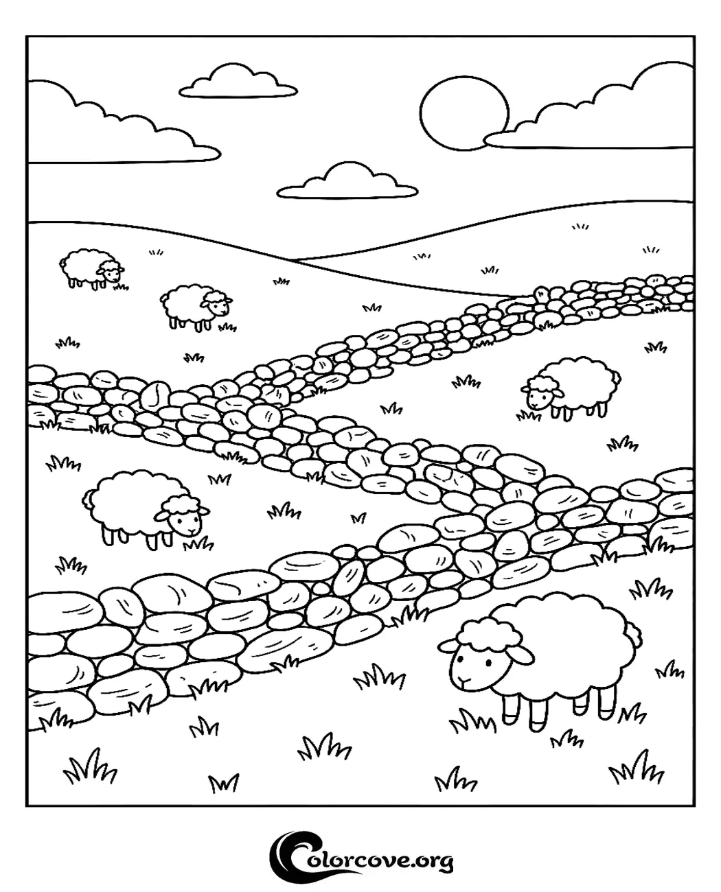 Bring this peaceful countryside scene to life with your favorite colors. This charming sheep in a meadow coloring page is free to download and print in seconds.
