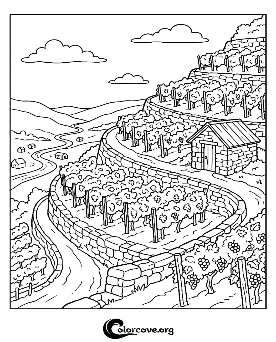 Escape to the countryside with this beautiful terraced vineyard coloring page. Download and print this intricate landscape illustration for a relaxing and creative coloring experience.