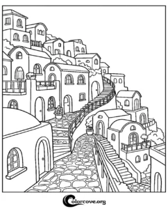 Detailed Mediterranean village with stone stairs and houses for an adult or teen coloring page.