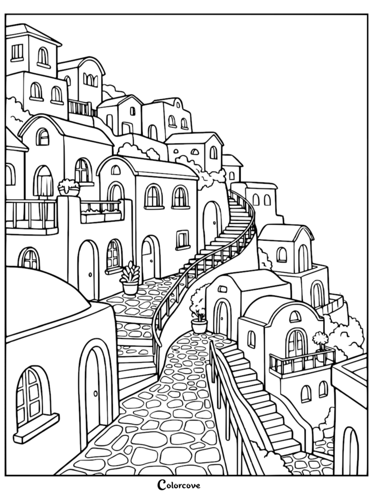A detailed hillside coloring page featuring Mediterranean-style houses with arched windows and stone staircases winding through the village.