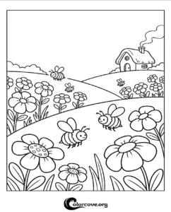A printable coloring page featuring happy cartoon bees flying over a field of large flowers with a cozy cottage in the background for kids.