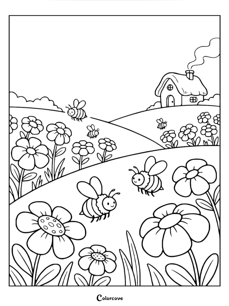 A scenic hillside coloring page featuring a cozy cottage with smoke rising from the chimney, surrounded by blooming flowers and several friendly bees flying in the meadow.