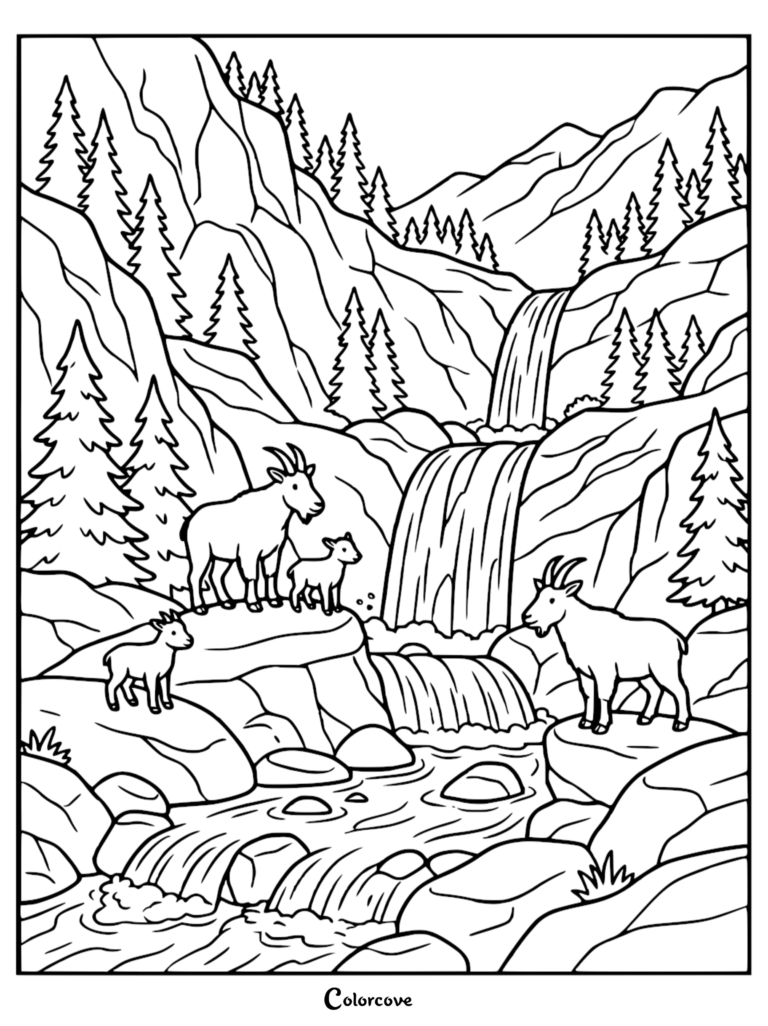 A scenic hillside coloring page featuring mountain goats near a cascading waterfall and pine trees.