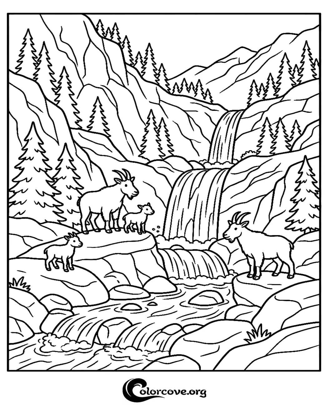 Embark on a mountain adventure with this detailed coloring page featuring a family of goats in a scenic wilderness. Print this relaxing nature scene for free and bring the cascading waterfall to life with your favorite colors.