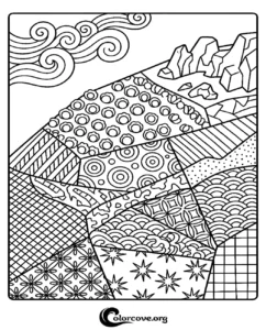 A printable coloring page featuring an abstract landscape with diverse geometric patterns, rocky mountains, and stylized clouds.