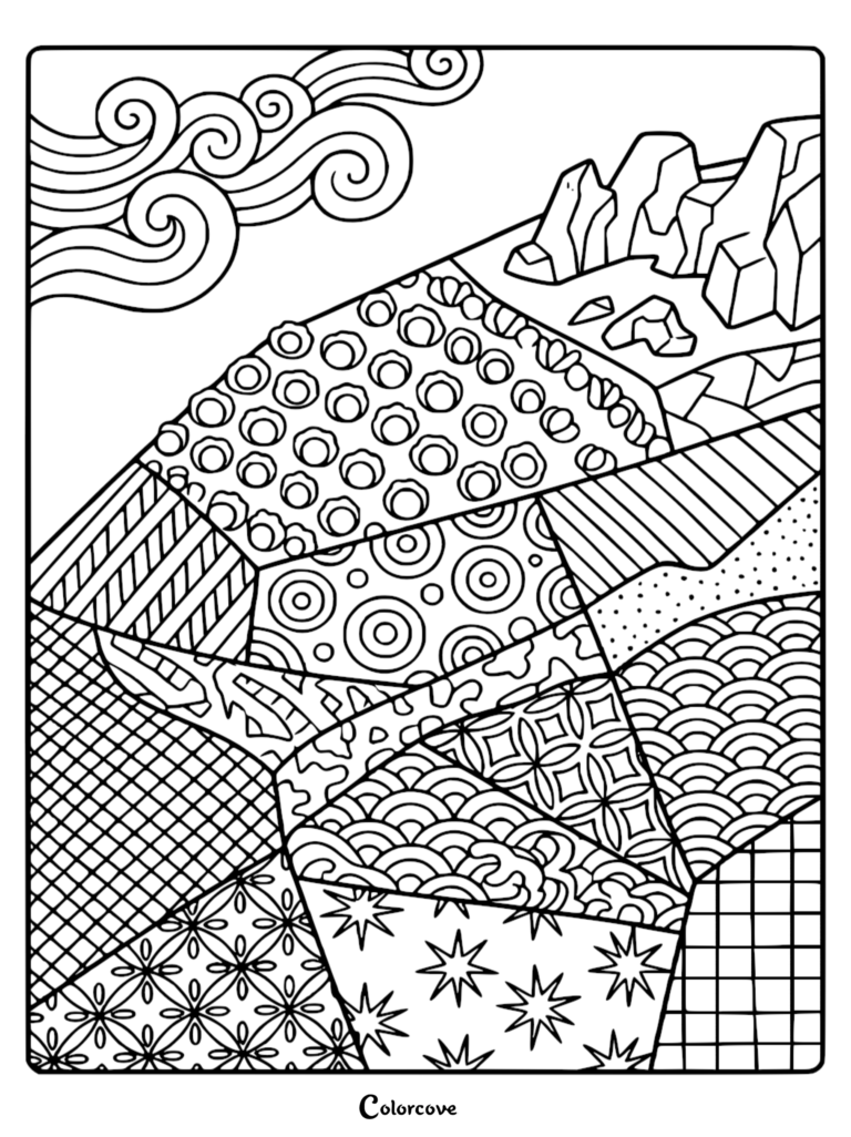 A printable scenic hillside coloring page featuring geometric patterns, swirling clouds, and rocky mountain peaks.