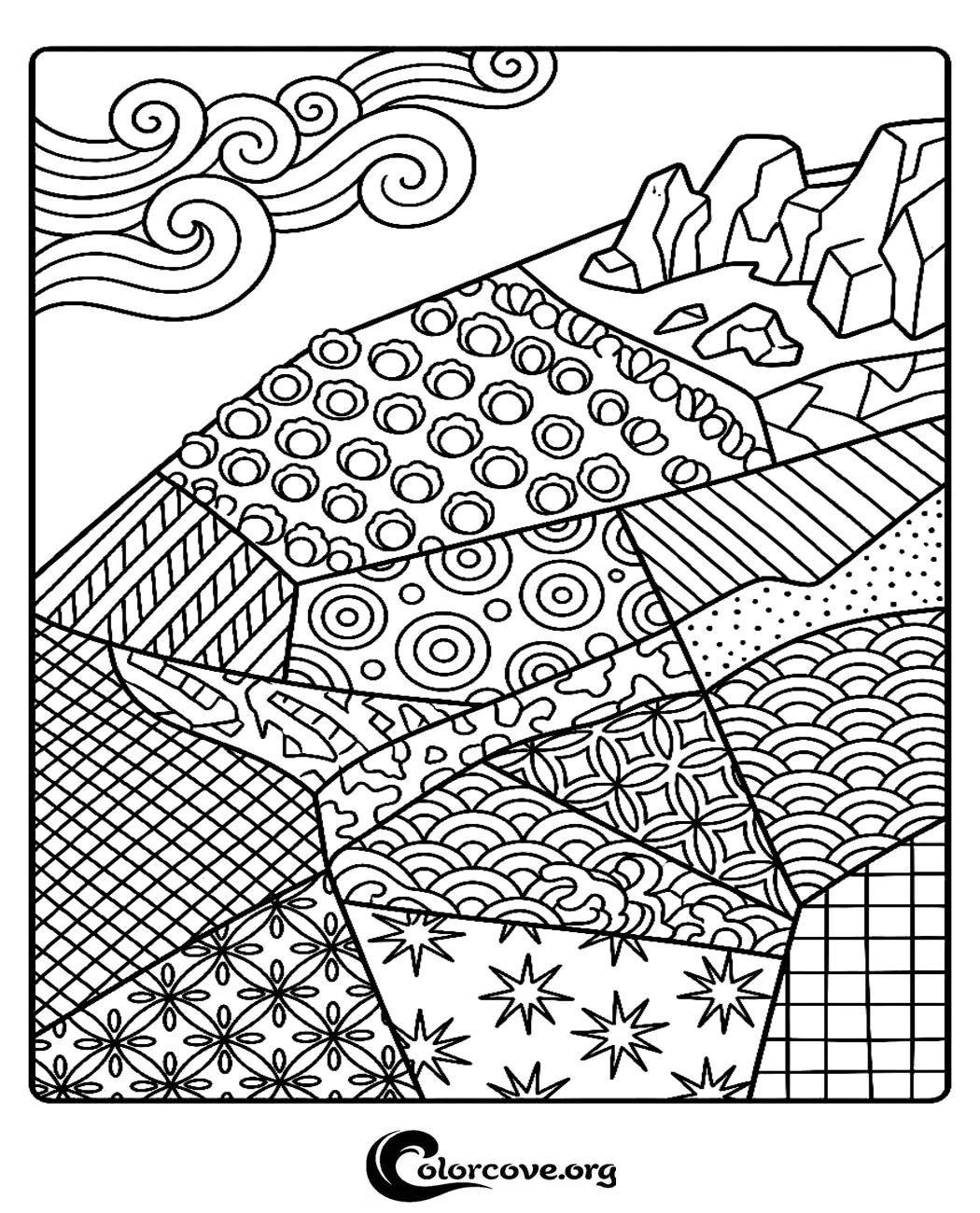 Unwind with this intricate abstract geometric landscape coloring page. Perfect for both kids and adults, this high-quality printable design features a variety of textures and patterns to spark your creativity.