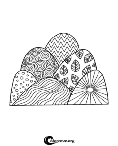 A Zentangle-inspired abstract mountains coloring page with various geometric patterns like zig-zags, swirls, and leaves for kids and adults.