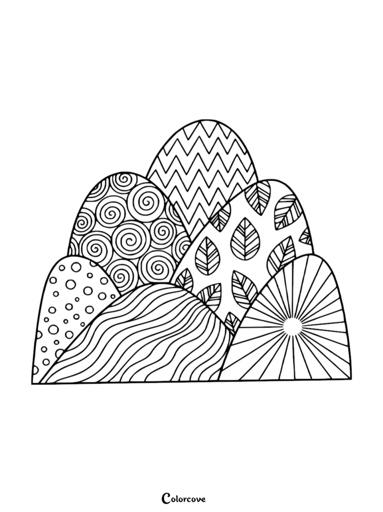 A printable coloring page featuring a scenic hillside with hills decorated in patterns of zigzags, swirls, leaves, dots, waves, and sunburst lines.