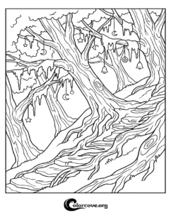 An enchanting forest scene with mossy trees, stone stairs, and hanging celestial decorations like stars and moons as a detailed coloring page for adults and kids.