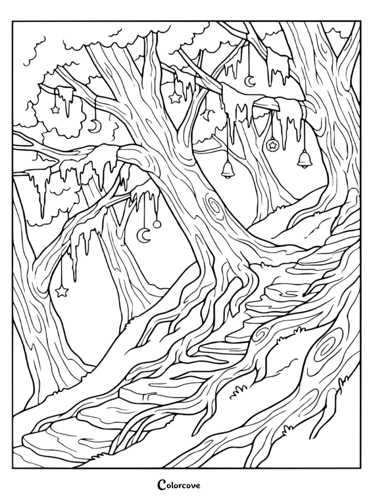 A scenic hillside coloring page featuring a winding path through trees decorated with hanging moons, stars, and bells.