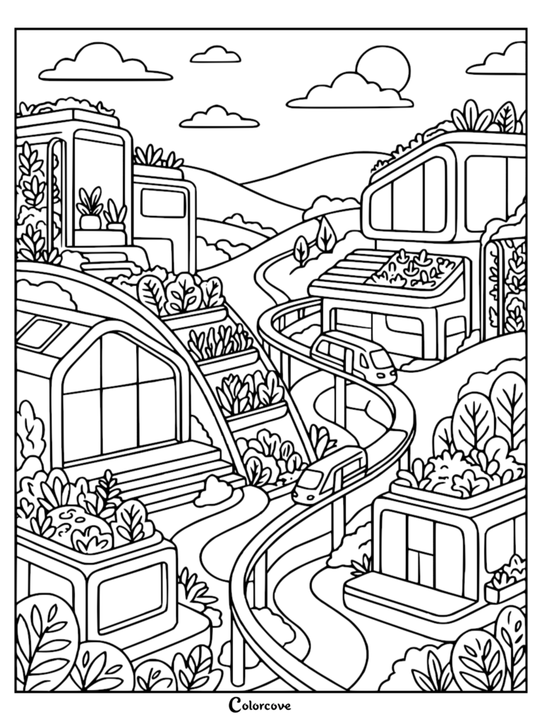 A futuristic scenic hillside coloring page featuring modern terraced homes, lush greenery, and a monorail train winding through the landscape.